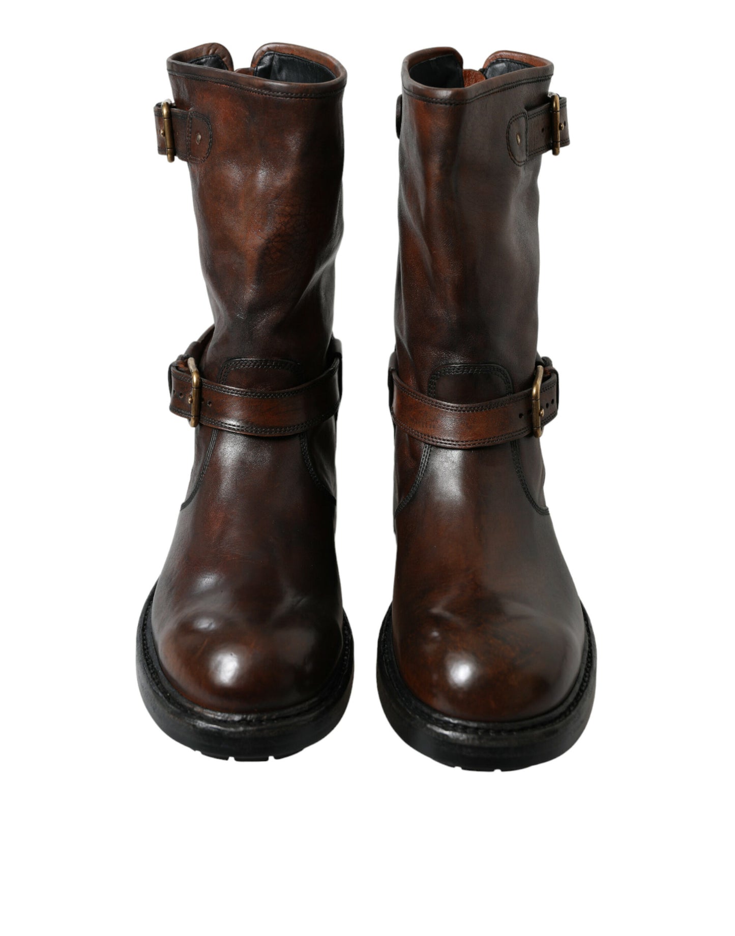 Brown Leather Mid Calf Biker Boots Shoes