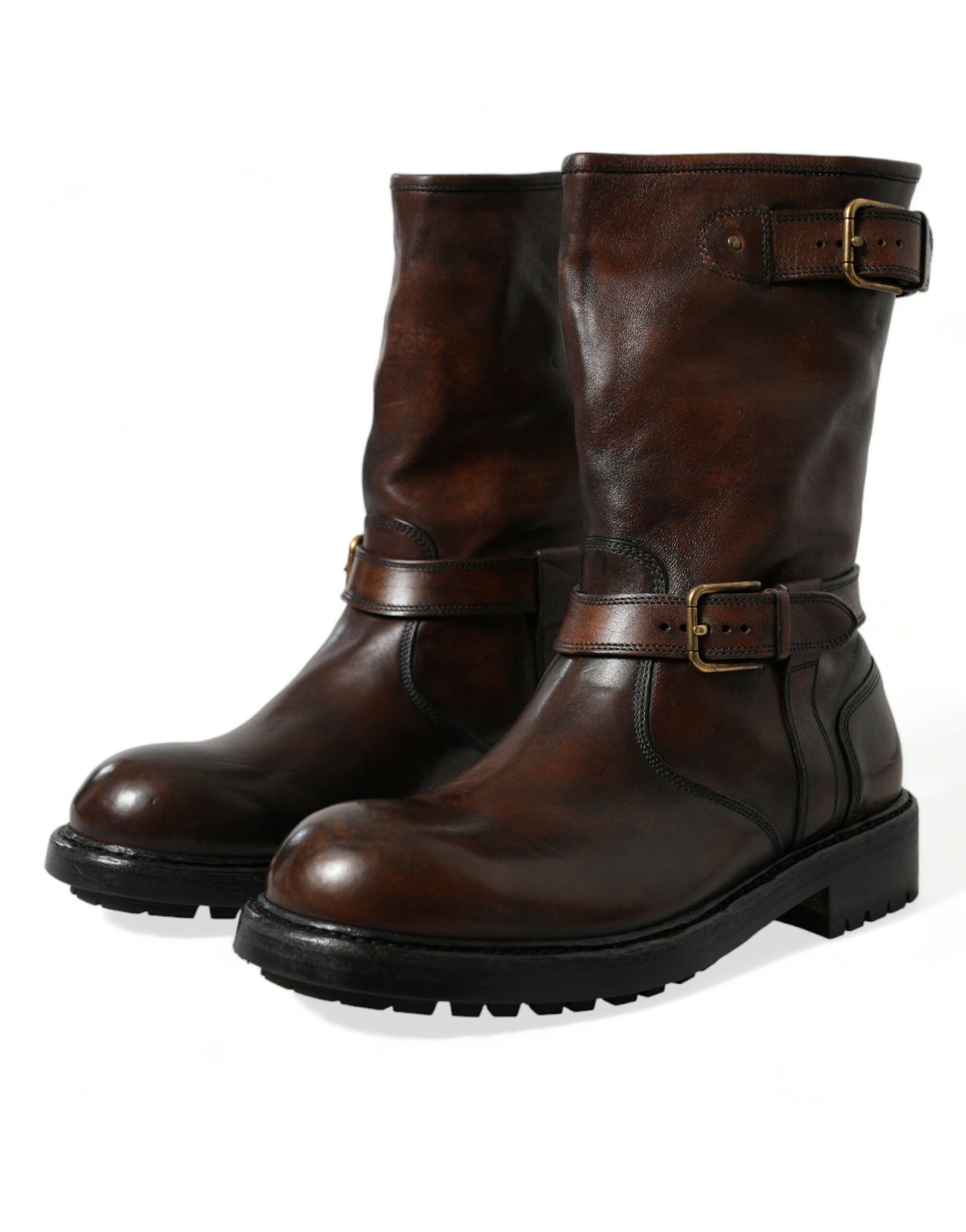 Brown Leather Mid Calf Biker Boots Shoes