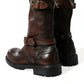 Brown Leather Mid Calf Biker Boots Shoes