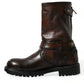 Brown Leather Mid Calf Biker Boots Shoes