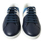 White Blue Leather Low Top Sneakers Shoes