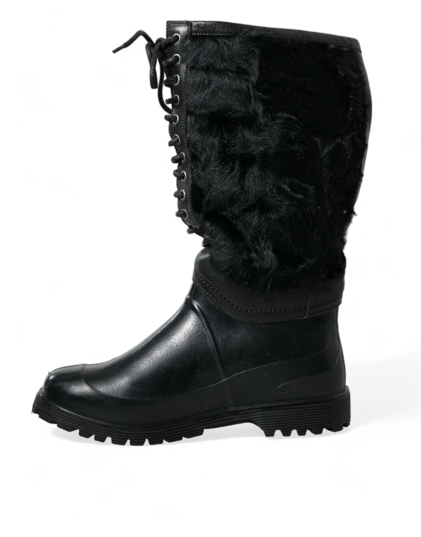 Black Rubber Lace Up Shearling Rain Boots Shoes