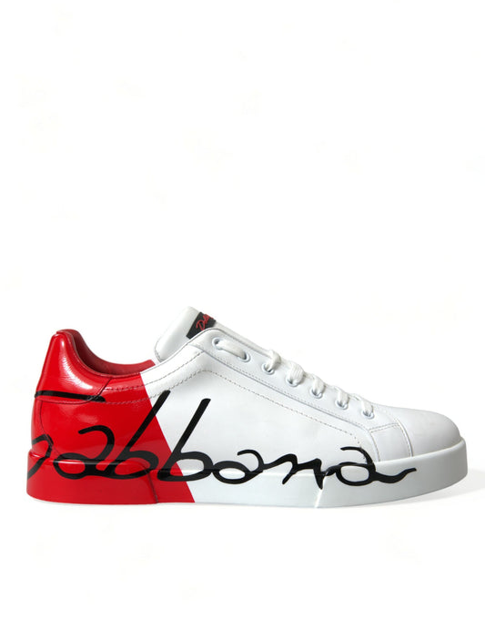 White Red Leather Low Top Sneakers Shoes