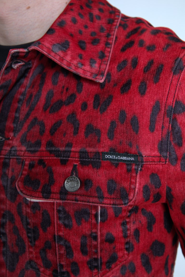 Vibrant Red Leopard Print Denim Jacket