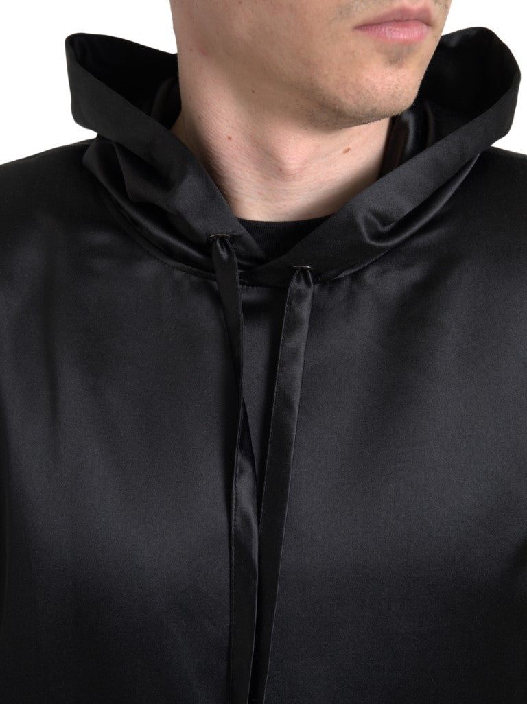 Elegant Black Silk Hooded Sweater