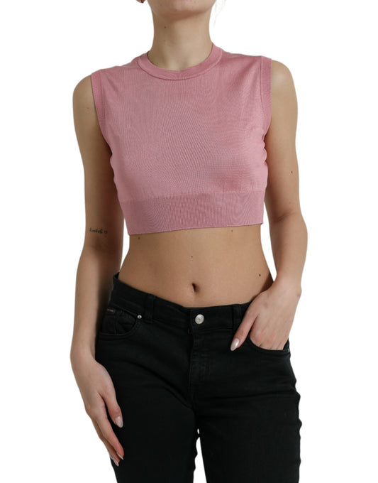 Pink Crew Neck Cropped Sleeveless Tank Top