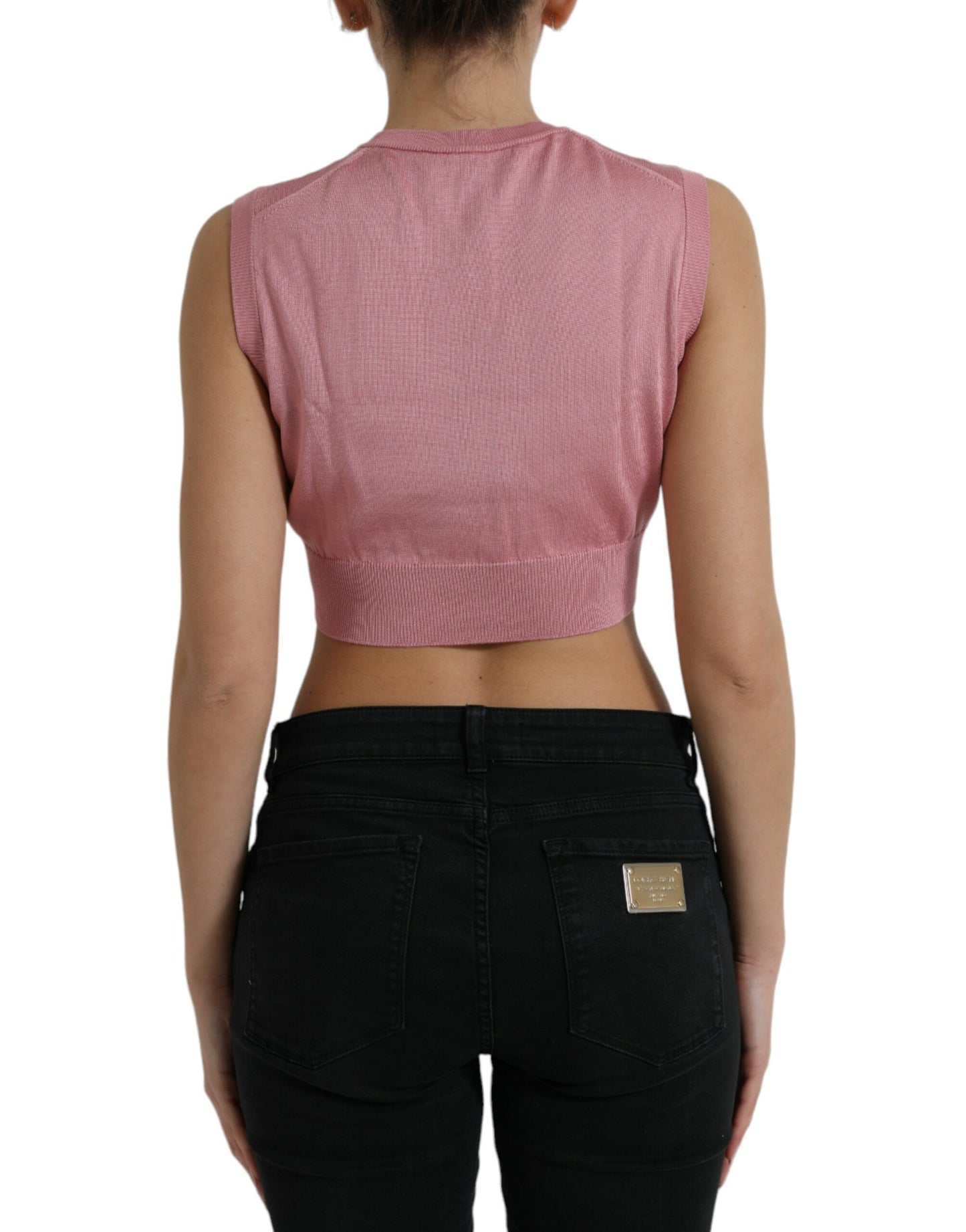 Pink Crew Neck Cropped Sleeveless Tank Top