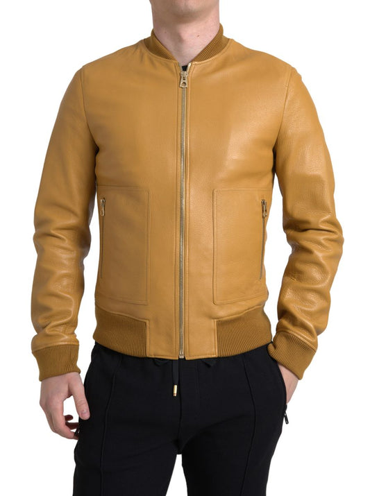 Yellow Leather Full Zip Bomber Men Jacket