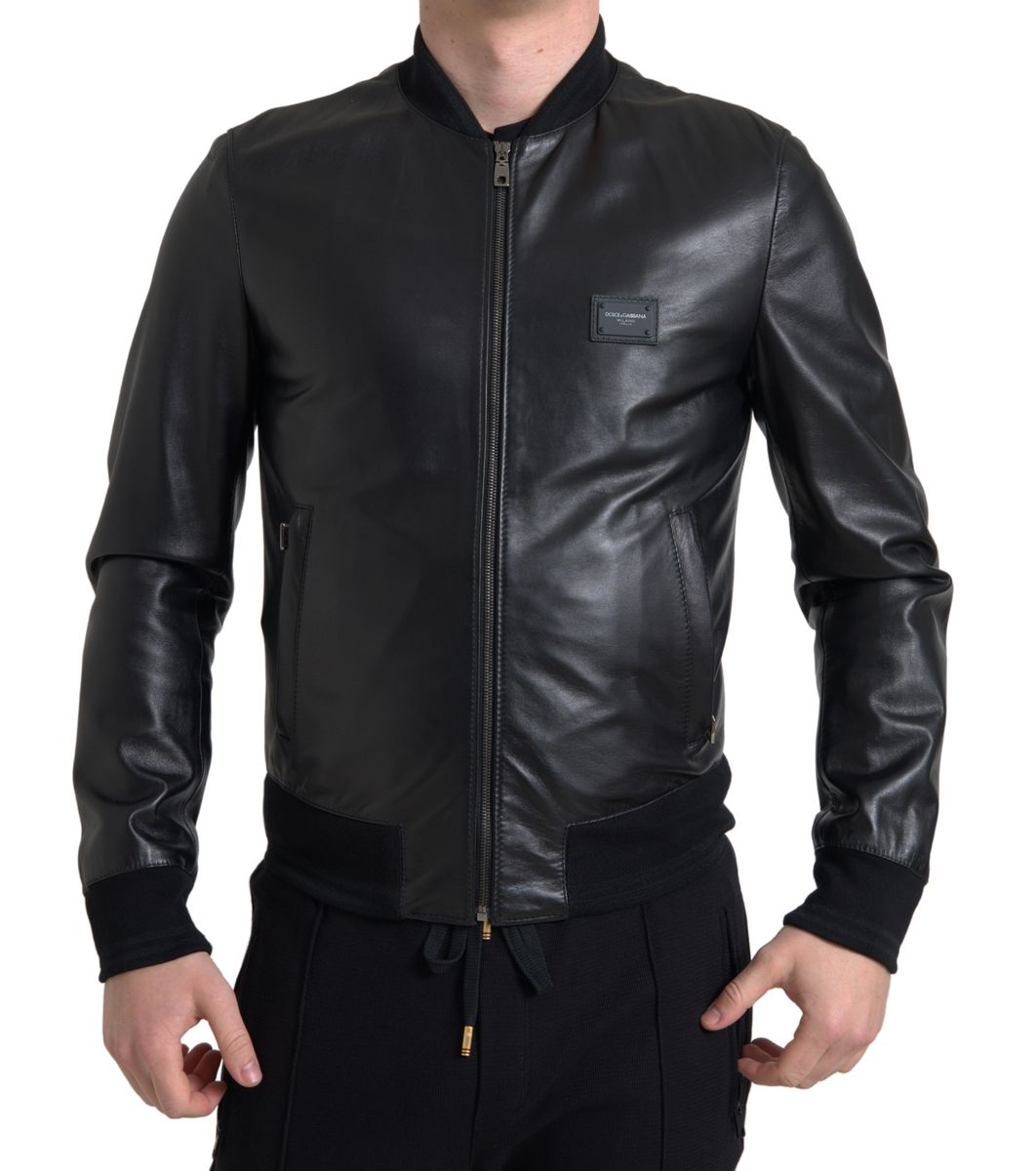 Elegant Black Leather Bomber Jacket