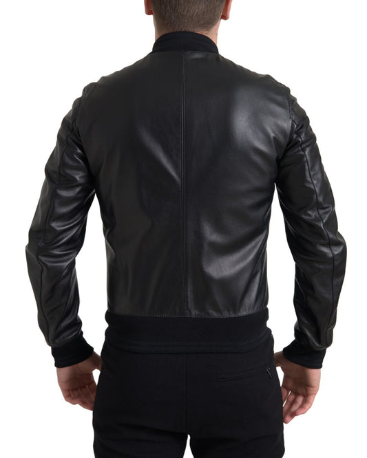 Elegant Black Leather Bomber Jacket