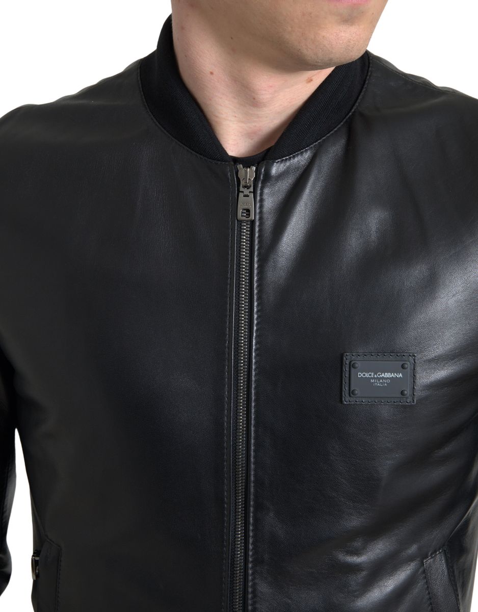 Elegant Black Leather Bomber Jacket