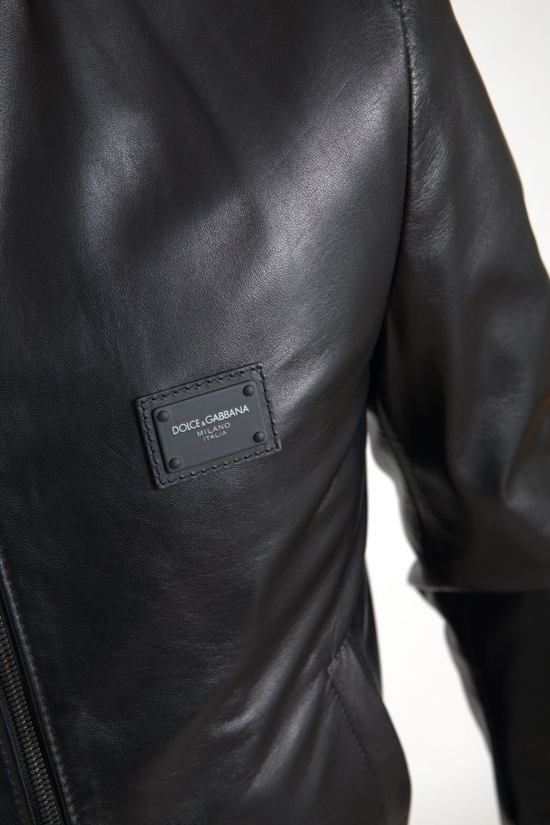 Elegant Black Leather Bomber Jacket