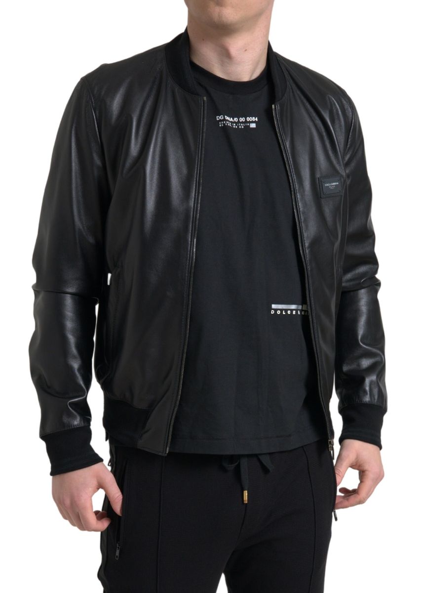 Elegant Black Leather Bomber Jacket