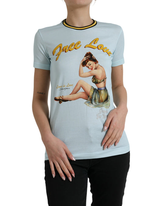 Light Blue Cotton Free Love Crew Neck T-shirt