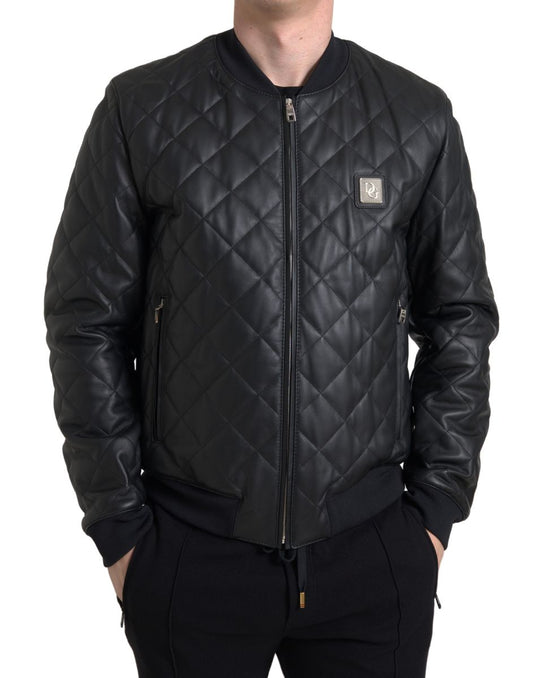 Elegant Black Leather Bomber Jacket