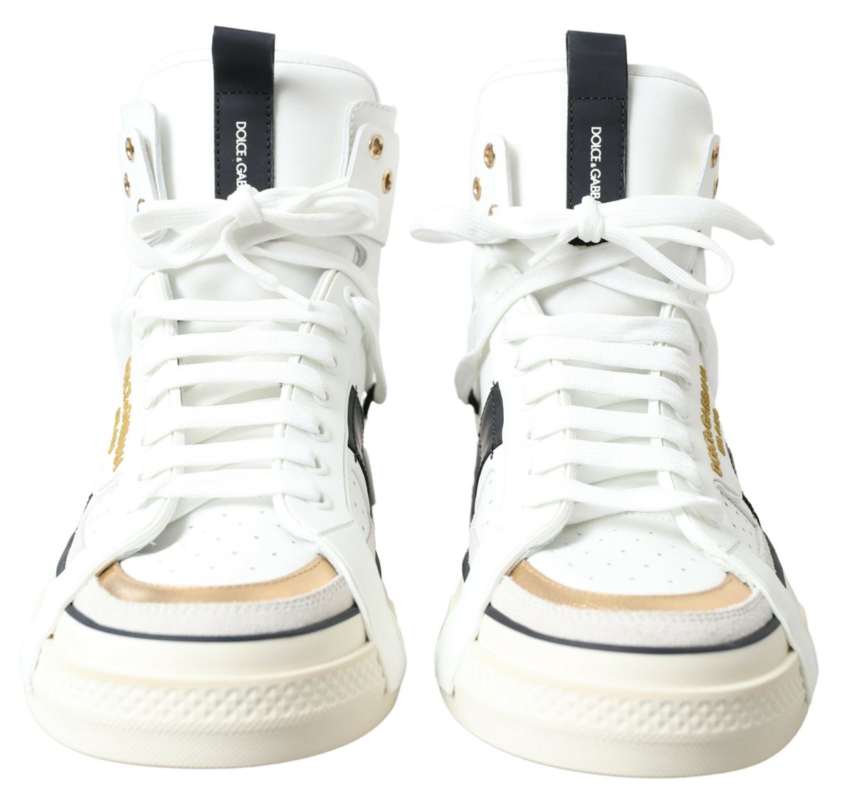 Elegant High Top Sneakers in White and Gold