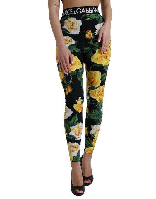 Black Floral Nylon High Waist Leggings Pants