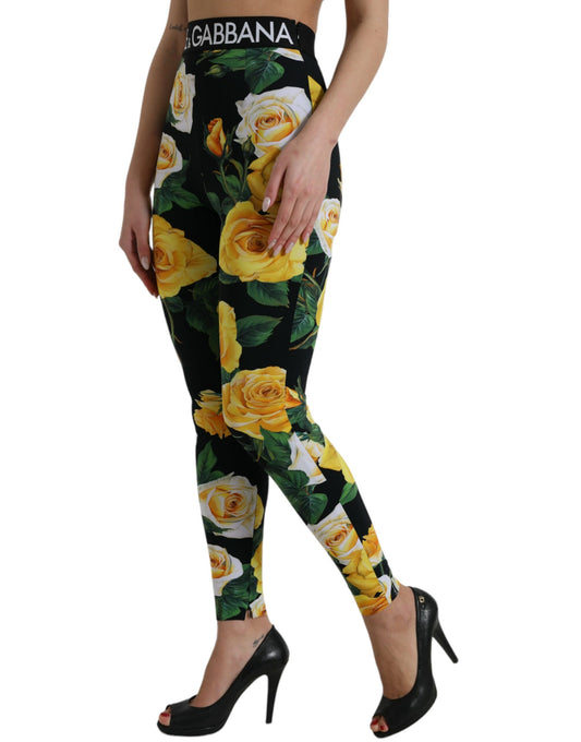 Black Floral Nylon High Waist Leggings Pants