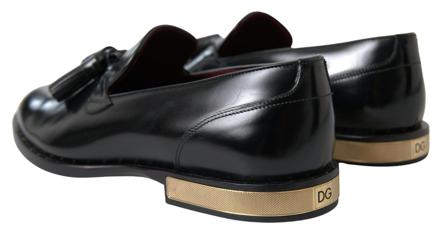 Elegant Black Gold Tassel Leather Loafers