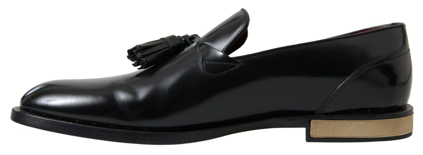 Elegant Black Gold Tassel Leather Loafers