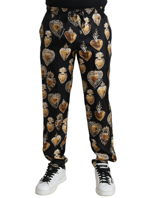 Black Heart Print Silk Men Pajama Pants