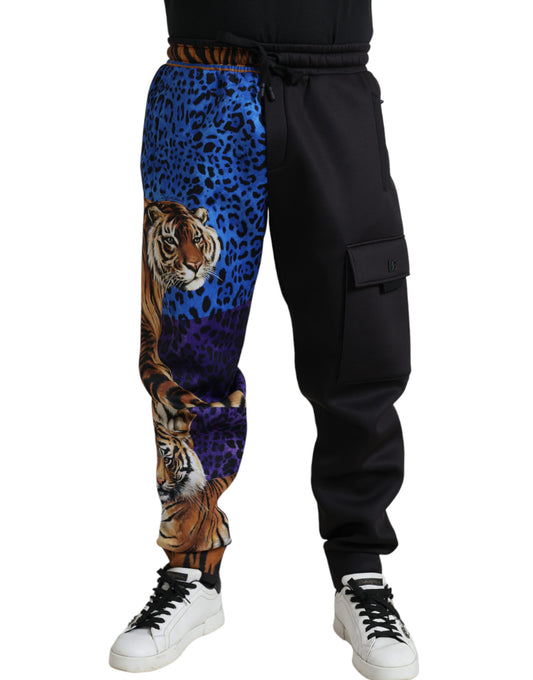 Black Tiger Print Cargo Jogger Pants