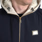 Dark Blue Hooded Wool Full Zip Men Jacket