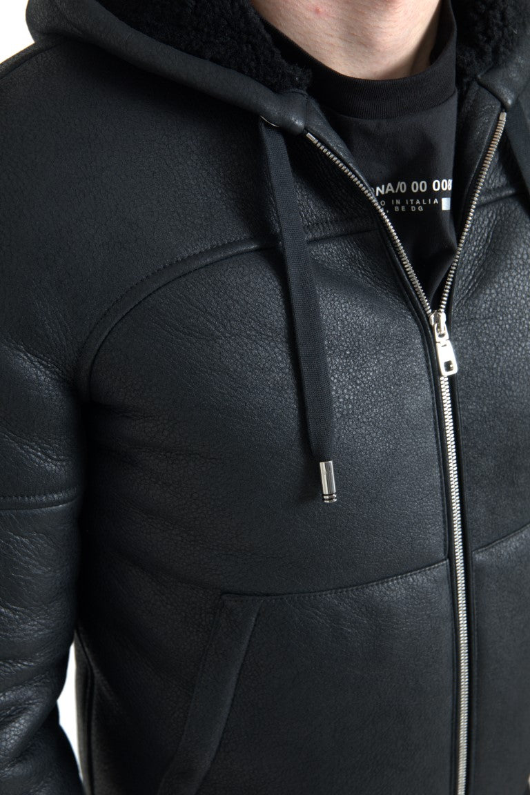 Elegant Black Leather Full Zip Hoodie