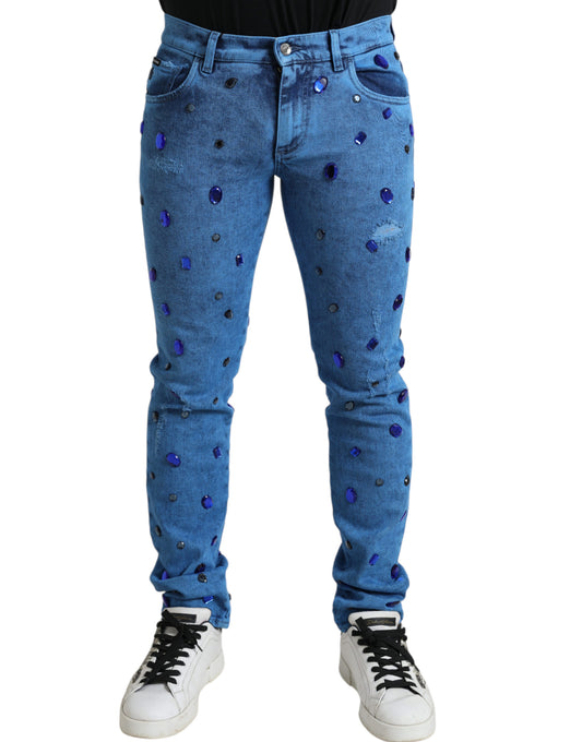 Blue Crystal Embellished Skinny Denim Jeans