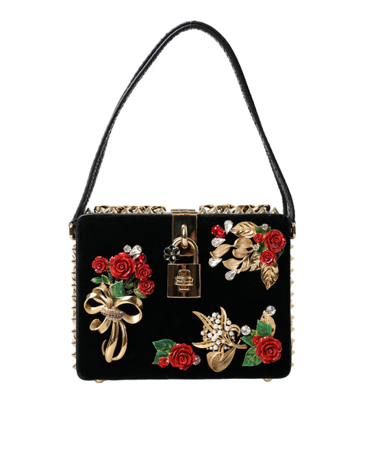 Black Floral Padlock Leather Crystal Velvet Clutch BOX Bag