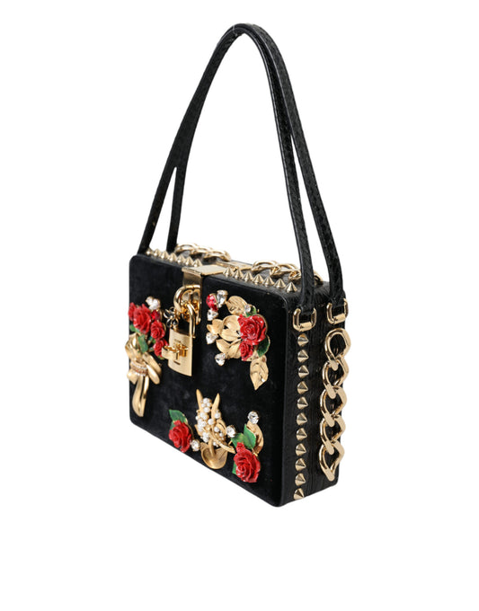 Black Floral Padlock Leather Crystal Velvet Clutch BOX Bag