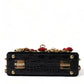 Black Floral Padlock Leather Crystal Velvet Clutch BOX Bag