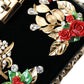 Black Floral Padlock Leather Crystal Velvet Clutch BOX Bag