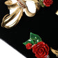 Black Floral Padlock Leather Crystal Velvet Clutch BOX Bag