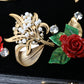 Black Floral Padlock Leather Crystal Velvet Clutch BOX Bag