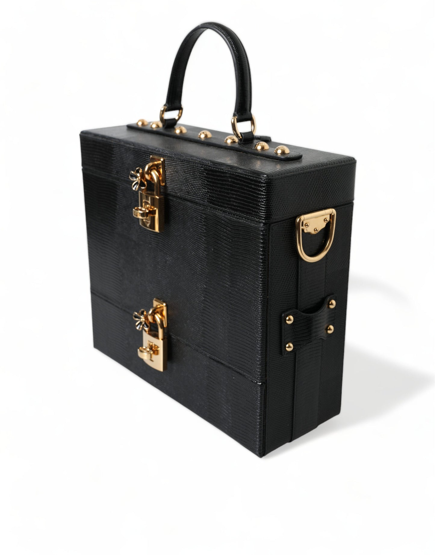 Black Iguana Leather Lock Box Shoulder Hand Luggage Bag