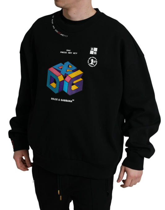 Black Logo Print Crew Neck Pullover Sweater