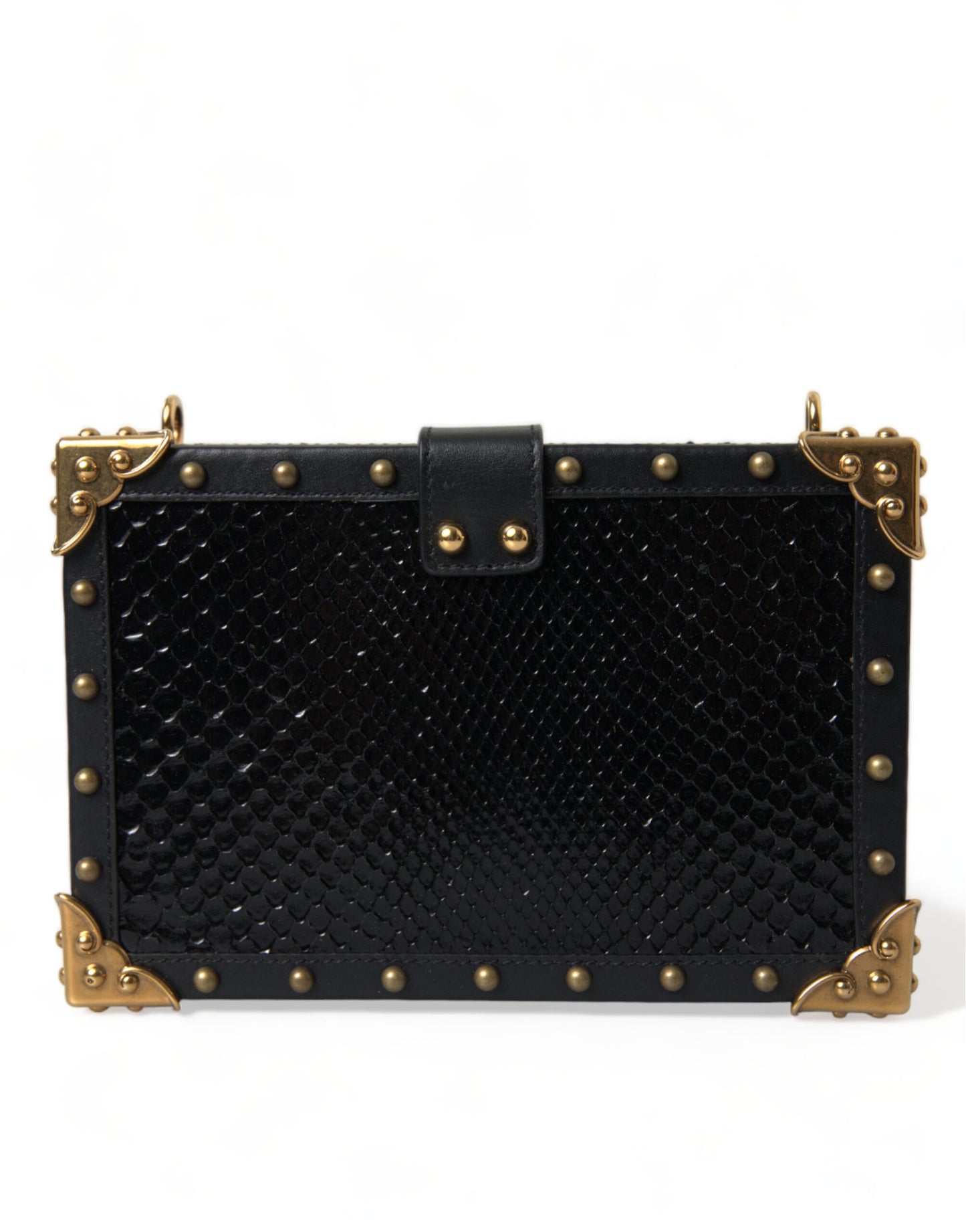 Black Snakeskin Leather Gold HEART Studs Box Shoulder Clutch Bag