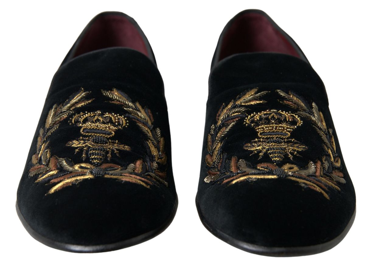 Elegant Black Velvet Gold-Accent Loafers