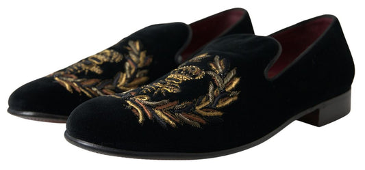 Elegant Black Velvet Gold-Accent Loafers