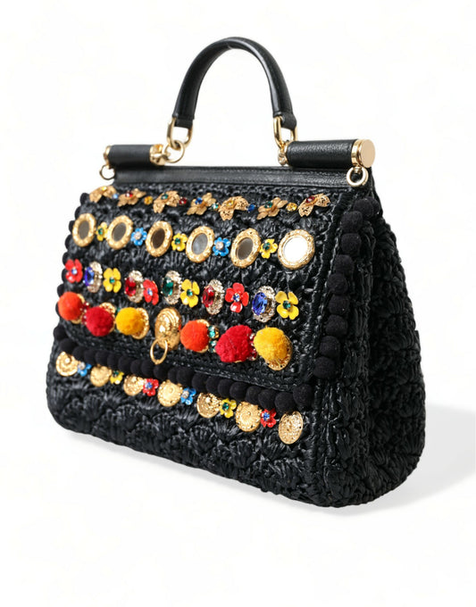 Elegant Black Embellished Raffia Crossbody Tote