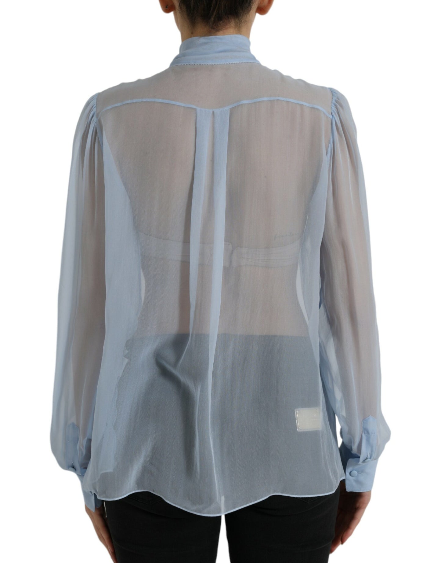 Blue Long Sleeves Ascot Collar Blouse Top