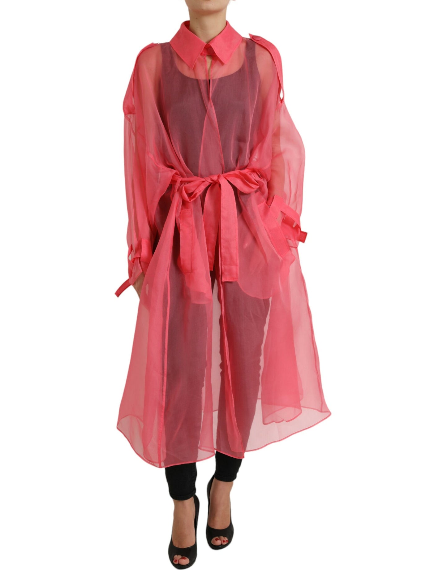 Pink Silk See Through Belted Long Coat Jacket