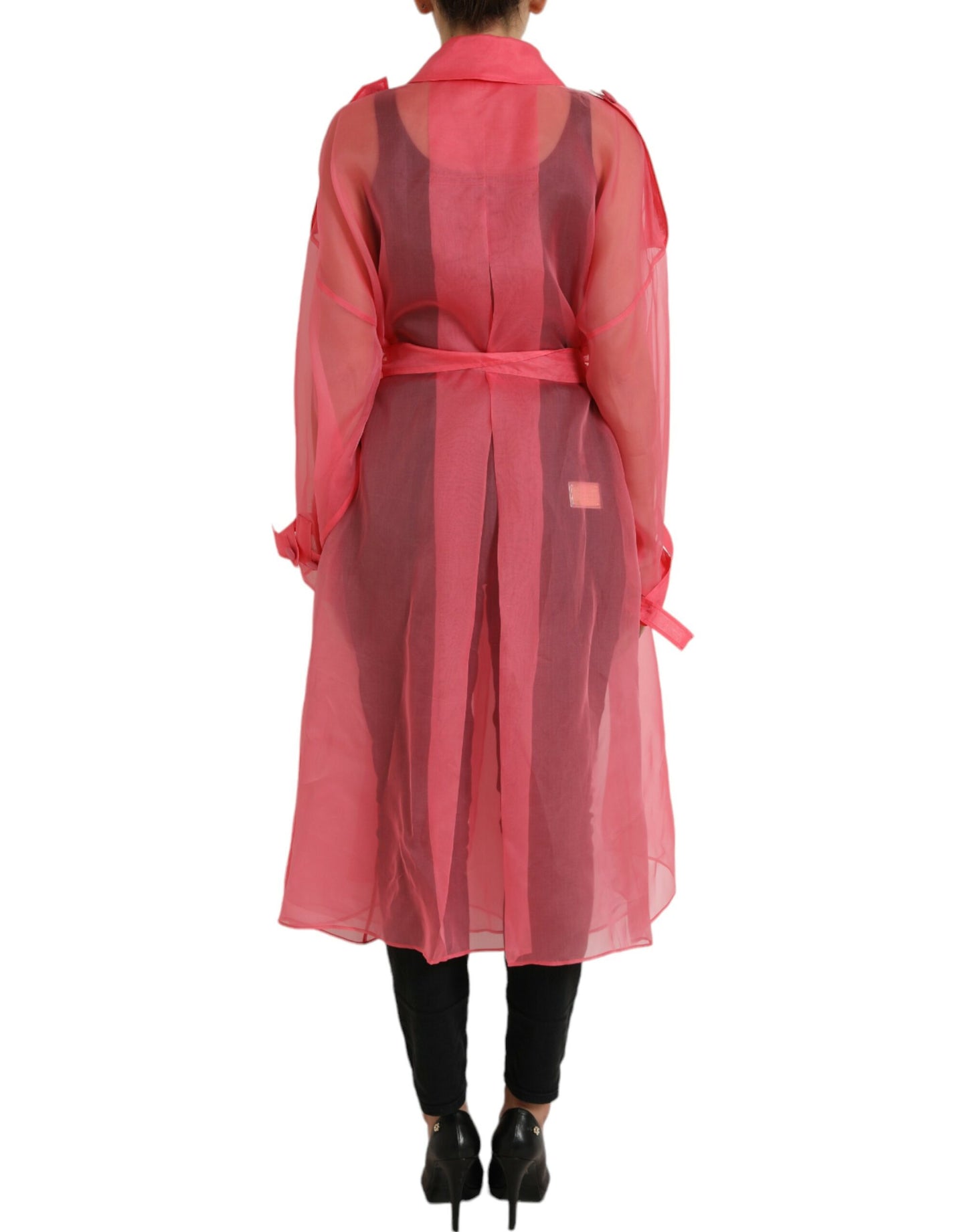 Pink Silk See Through Belted Long Coat Jacket