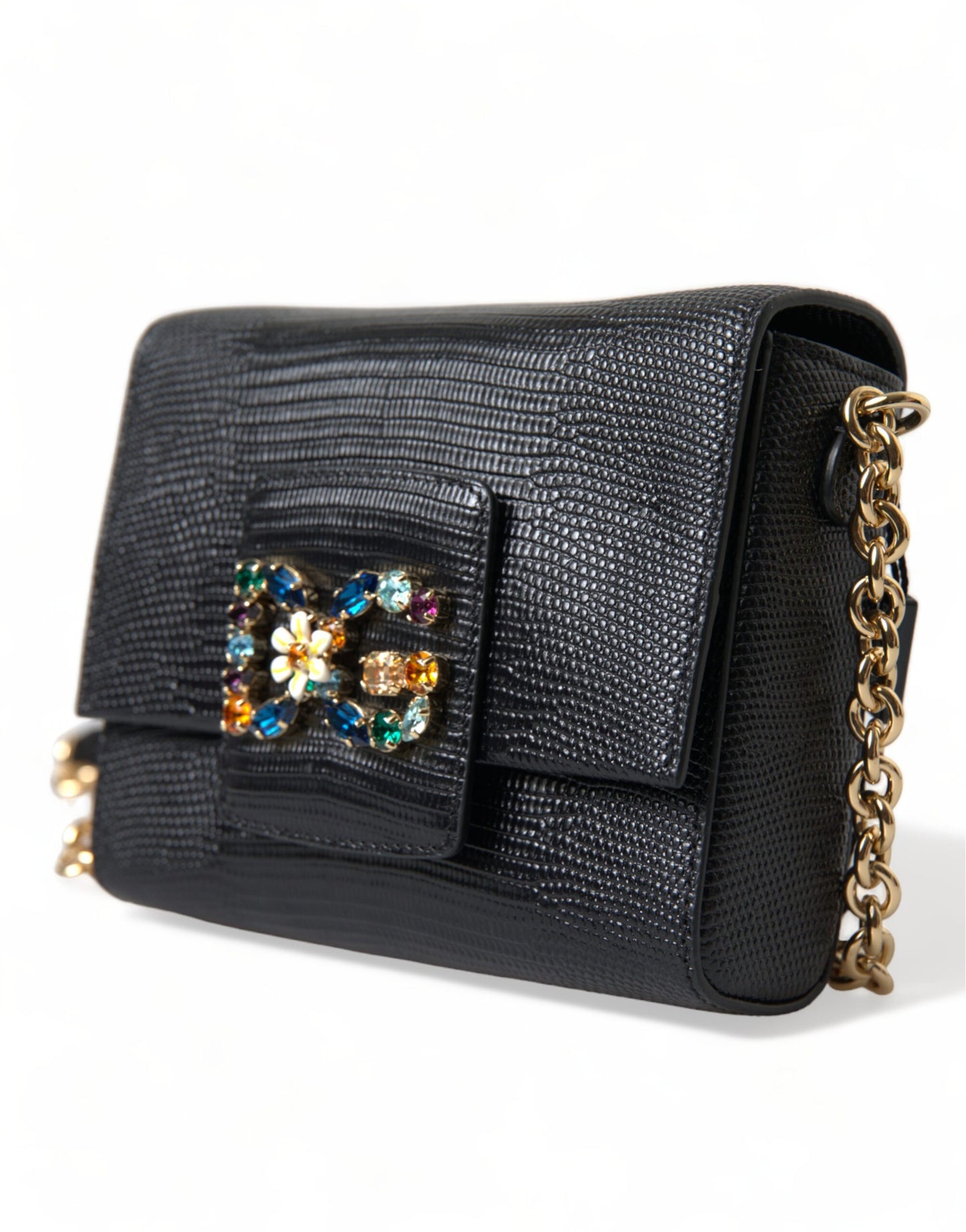 Black Leather DG Crystals Shoulder Crossbody Bag