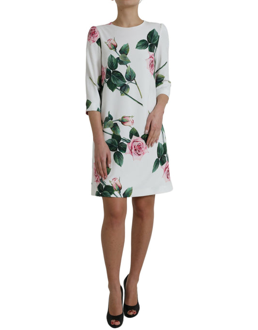 White Rose Print Viscose A-line Shift Dress