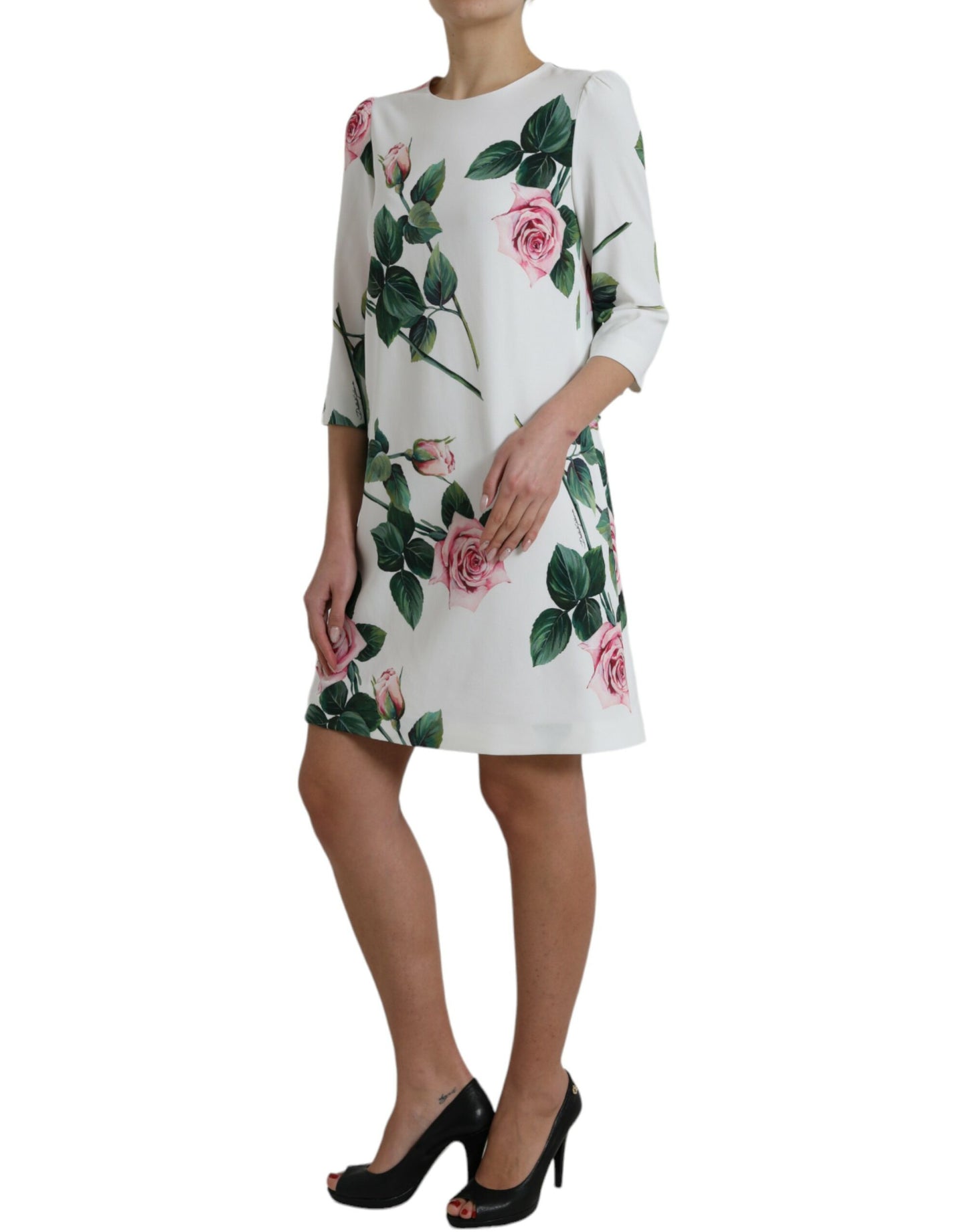 White Rose Print Viscose A-line Shift Dress