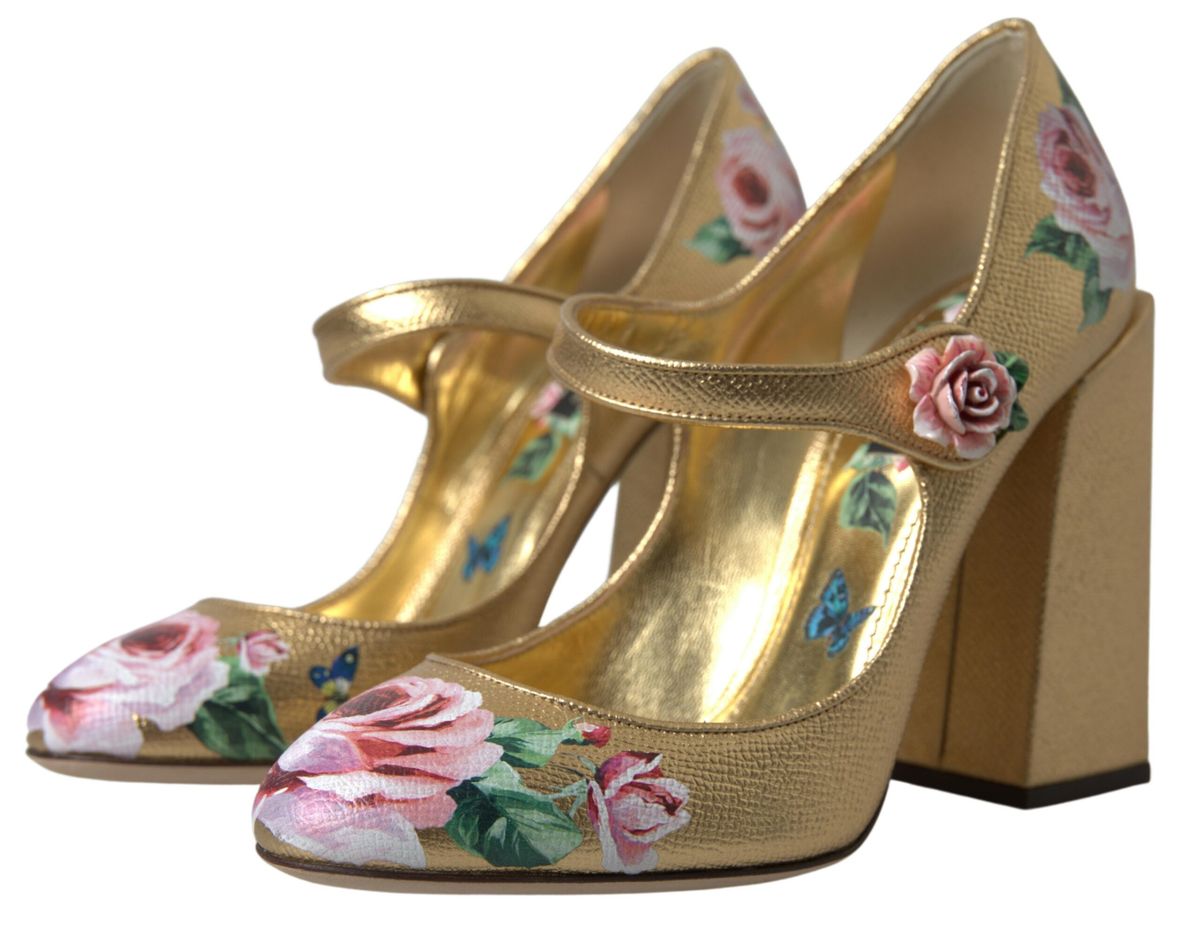 Elegant Gold Floral Cuban Heel Pumps