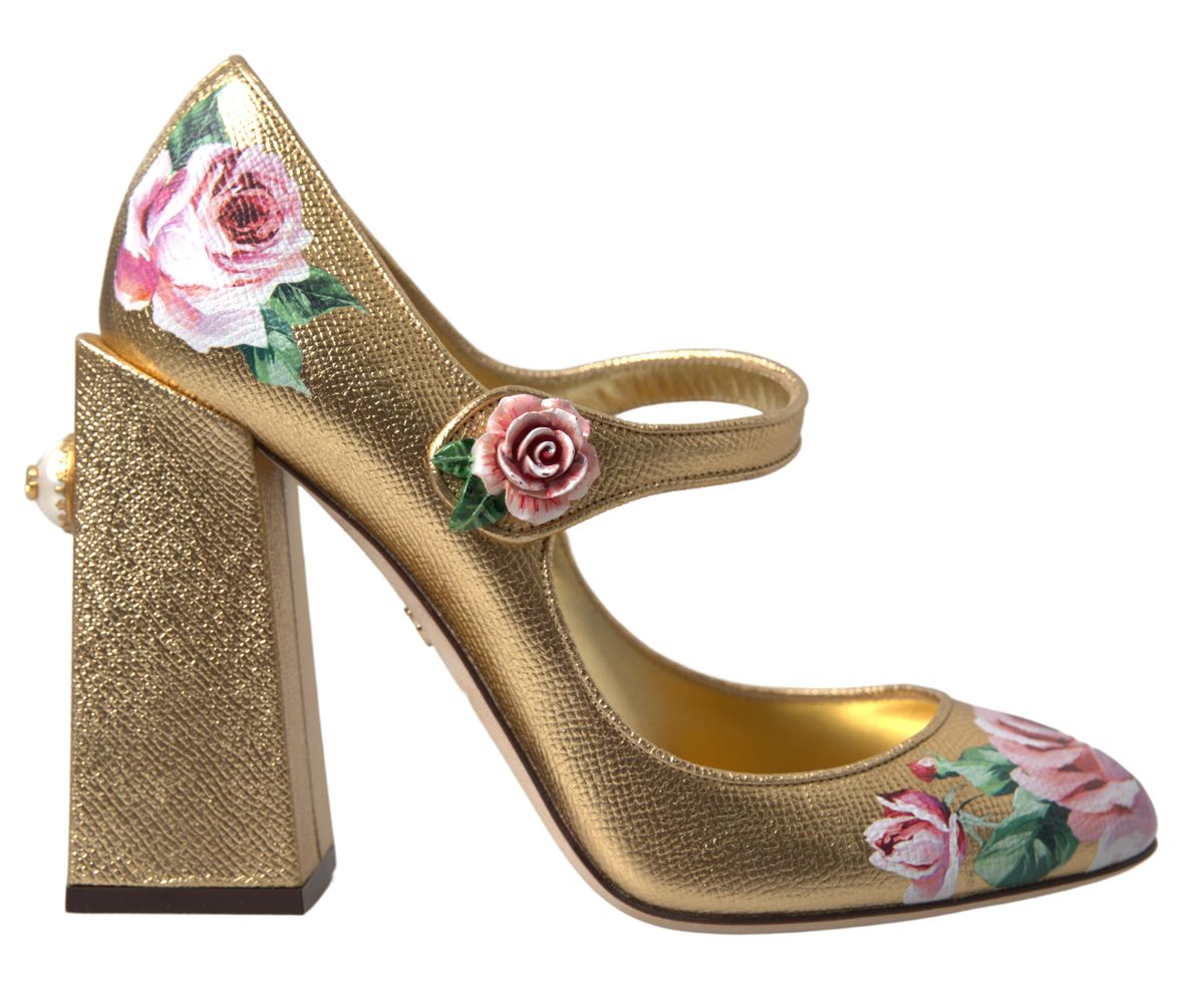 Elegant Gold Floral Cuban Heel Pumps