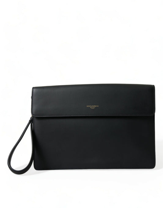 Black Calf Leather Large Logo Document Holder Clutch Bag